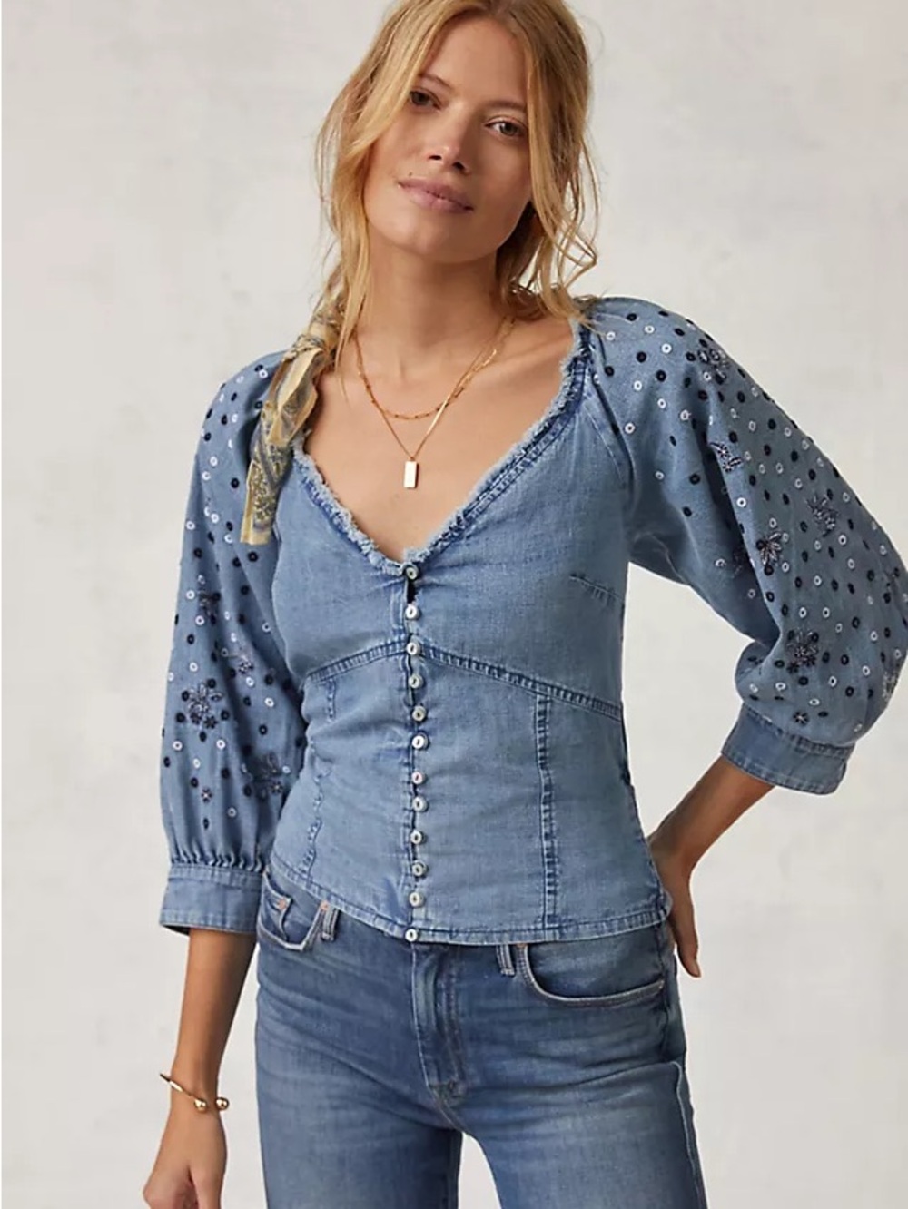 Pilcro Embroidered Embroidered Chambray Blouse — XS